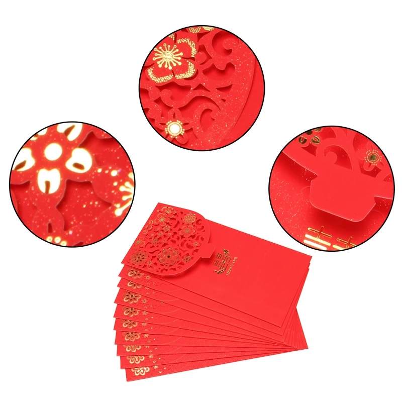 10ШТ Китайских Красных Конвертов Счастливые Денежные Конверты Свадебный Красный Пакет Для Новогодней Свадьбы (7X3,4 дюйма)
