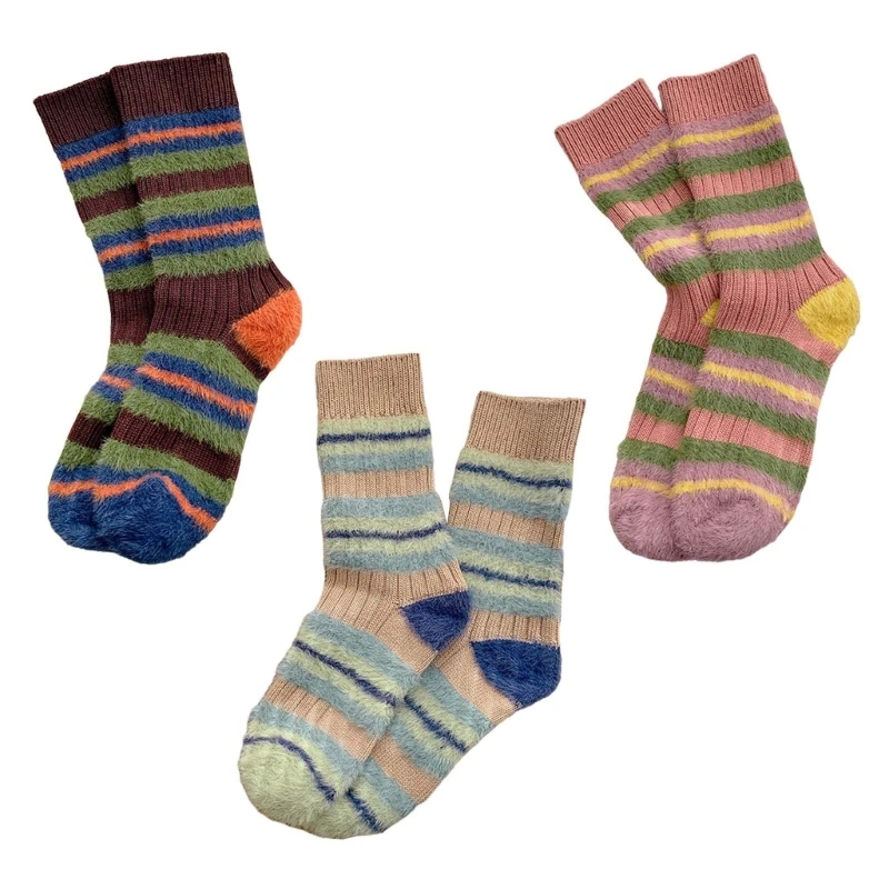 Модные женские плюшевые лоскутные носки в полоску с цветными блоками из искусственной шерсти, вязаные носки для экипажа, уличные зимние теплые носки со средней трубкой