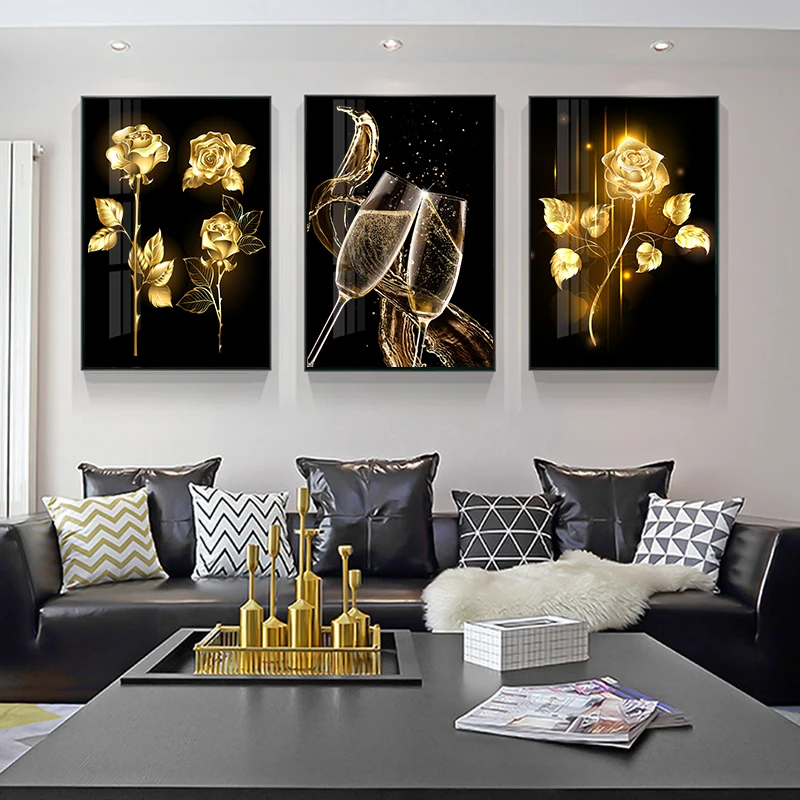Абстрактный плакат с изображением черной Золотой розы, настенное искусство, холст, картина, бокал для шампанского, картина для современного декора гостиной