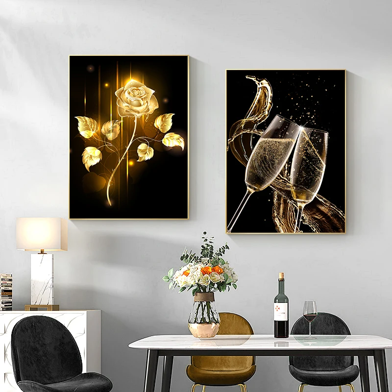 Абстрактный плакат с изображением черной Золотой розы, настенное искусство, холст, картина, бокал для шампанского, картина для современного декора гостиной