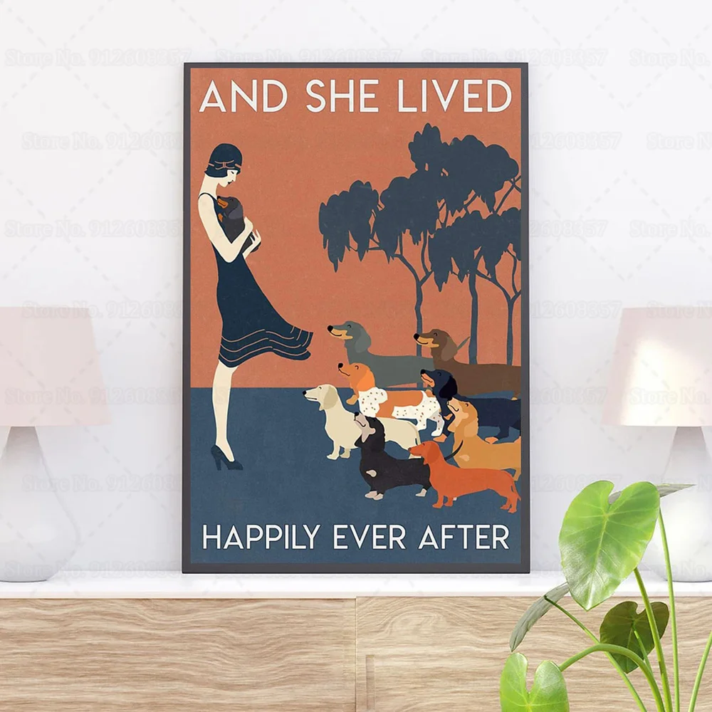 И она жила долго и счастливо Собаки Холст Картина Винтажная любовь Подарок любителям собак Плакат Настенное искусство Домашний Декор
