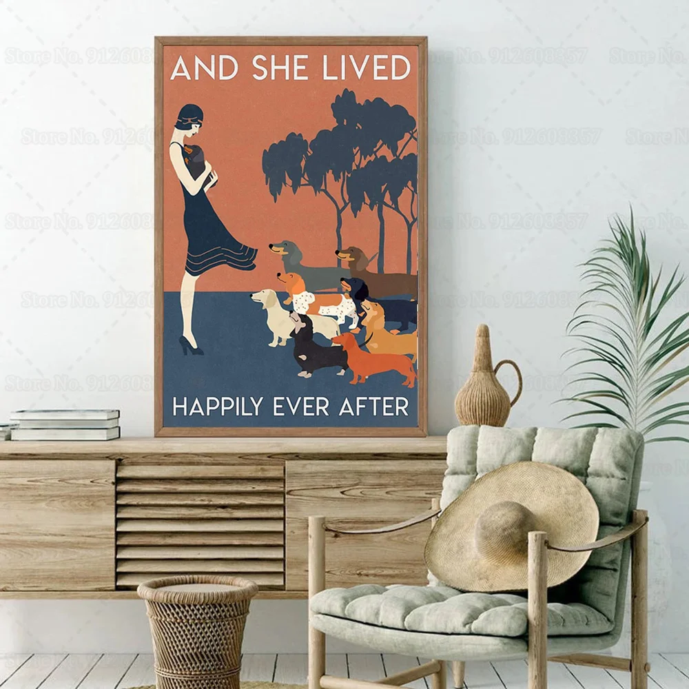 И она жила долго и счастливо Собаки Холст Картина Винтажная любовь Подарок любителям собак Плакат Настенное искусство Домашний Декор