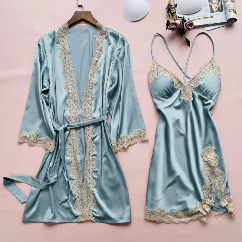 Сексуальный комплект халатов, женское платье-кимоно из ледяного шелка, ночная рубашка на подтяжках и халат, Летняя пижама, костюм для сна, Женская одежда с бюстгальтером на груди