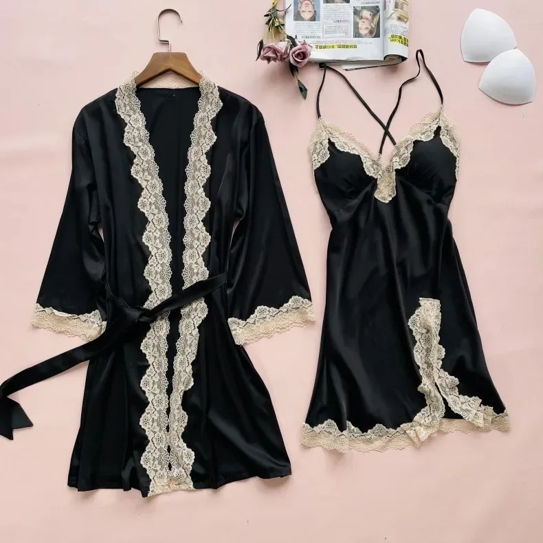 Сексуальный комплект халатов, женское платье-кимоно из ледяного шелка, ночная рубашка на подтяжках и халат, Летняя пижама, костюм для сна, Женская одежда с бюстгальтером на груди